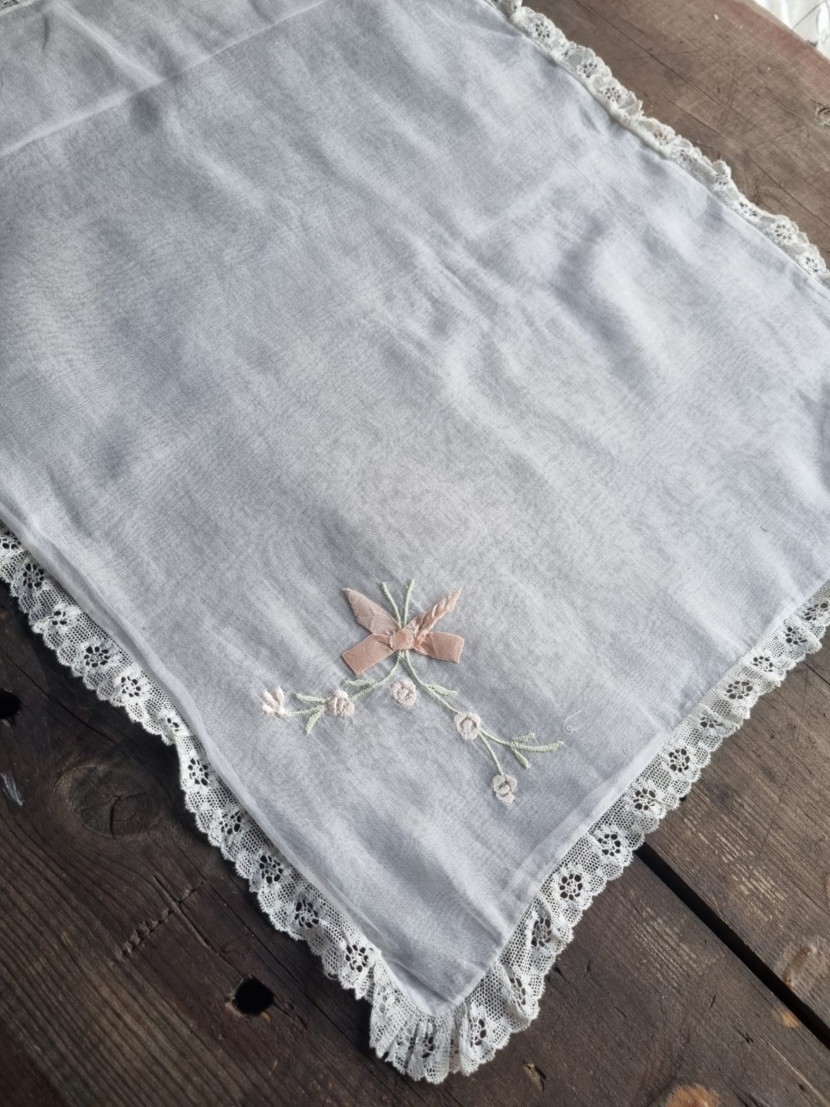 Antique Victorian Wedding Night White Sheer Rose Embroidered Pillowcase.