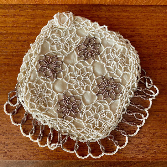 Beaded White and Bronze Bridal Clutch with Beaded Fringe Vintage Bag