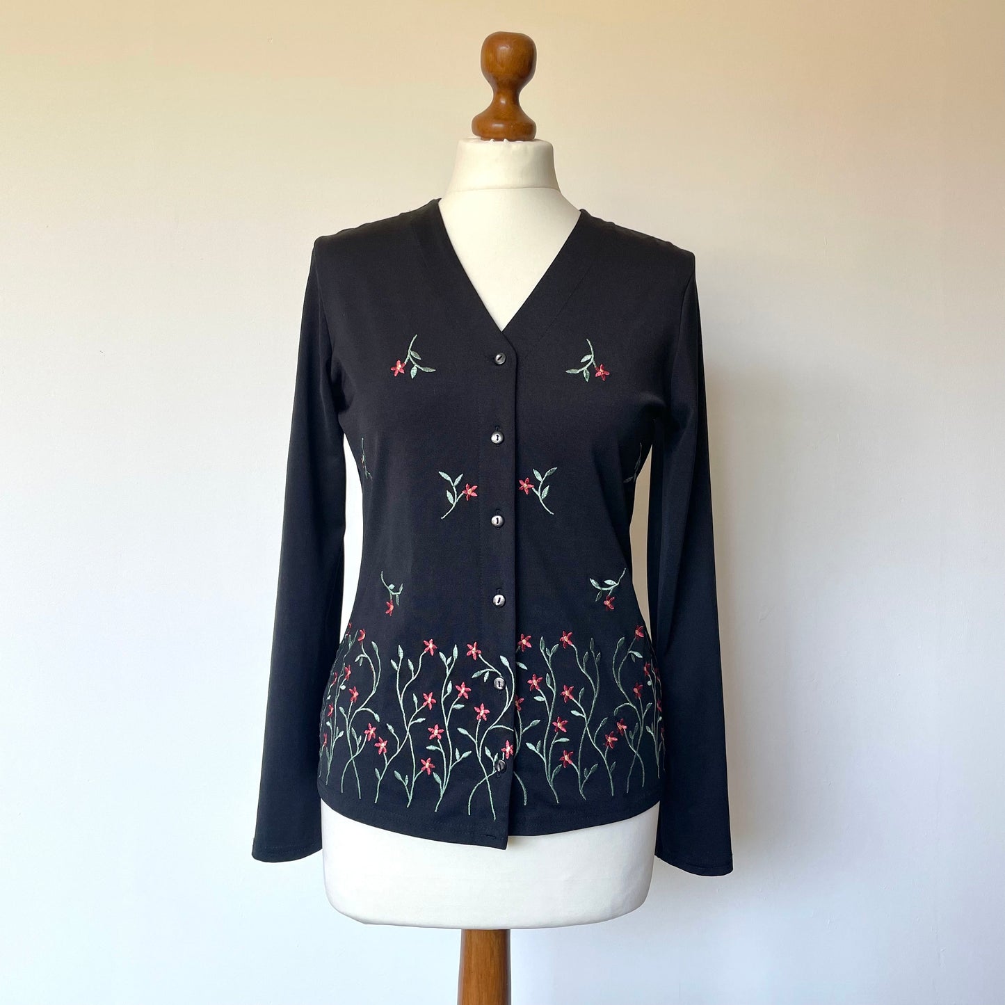 Vintage Black Cardigan with Green and Red Flower Embroidery