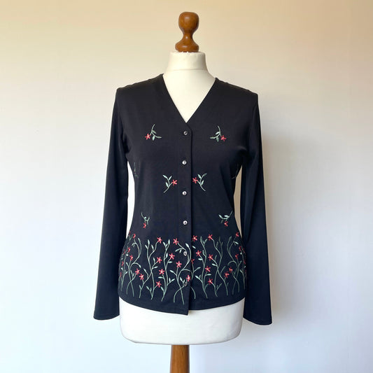 Vintage Black Cardigan with Green and Red Flower Embroidery