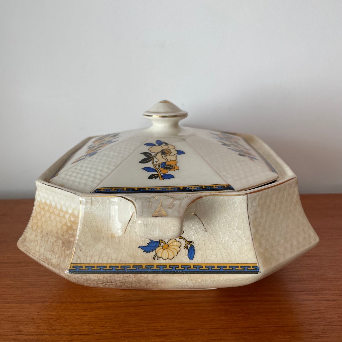 Vintage Royal Venton Ware John Steventon & Sons Serving Dish with Lid. Yellow, Blue and White Floral Pattern.