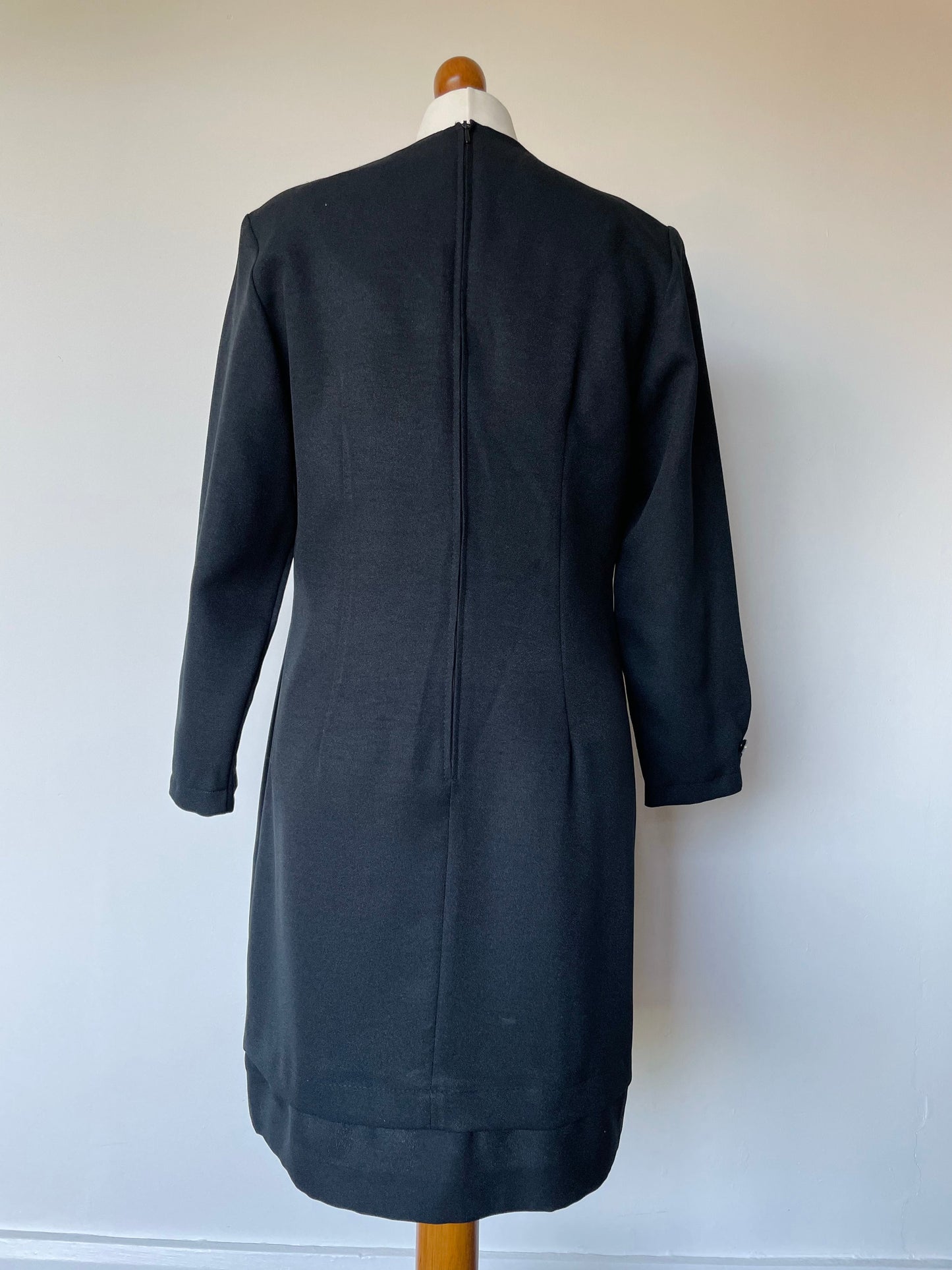 Vintage Little Black Long Sleeve Dress with Crossover Strap Detail and Diamante Buttons