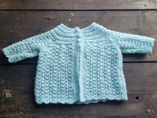 Vintage Light Blue Hand Crocheted Children's Cardigan with Heart Buttons