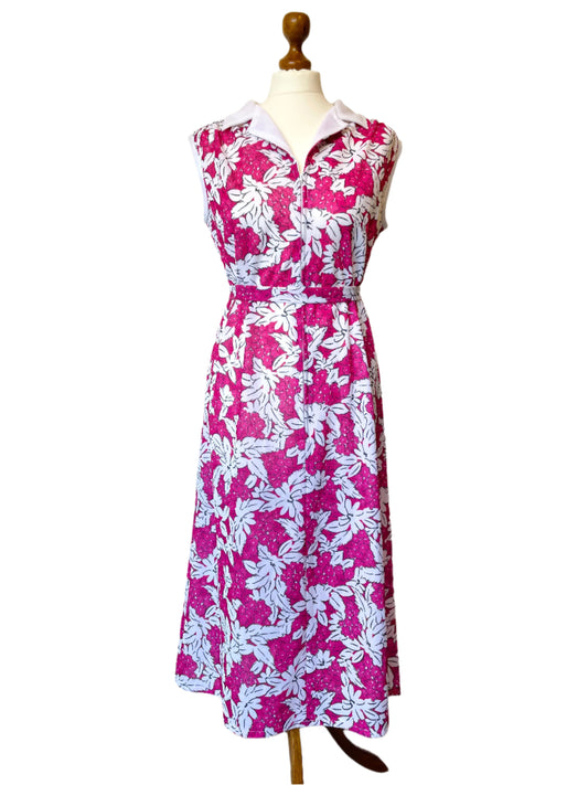Vintage Pink and White Floral Sleeveless Shift Dress Made in England