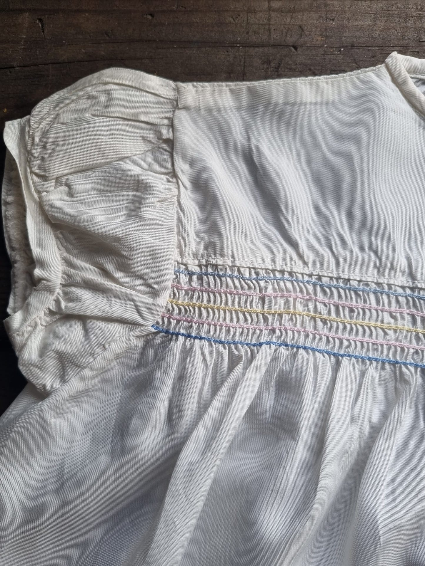 Vintage White Baby Dress with Pastel Smock Detail and Puff Sleeves