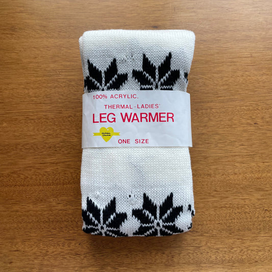 Vintage Deadstock Knitted Winter Star Pattern Legwarmers by Golden Charm One Size Black and White