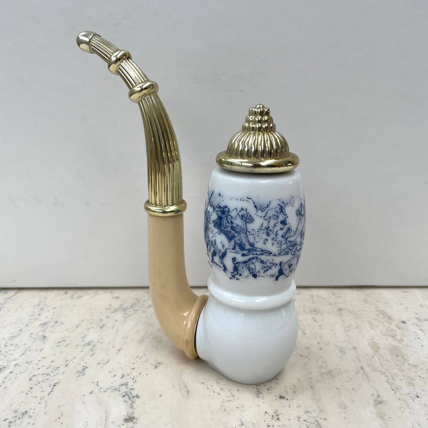 Vintage Avon 1970s Dutch Pipe Tai Winds Aftershave Lotion 60ml Bottle. Milk Glass. Blue and White. Empty