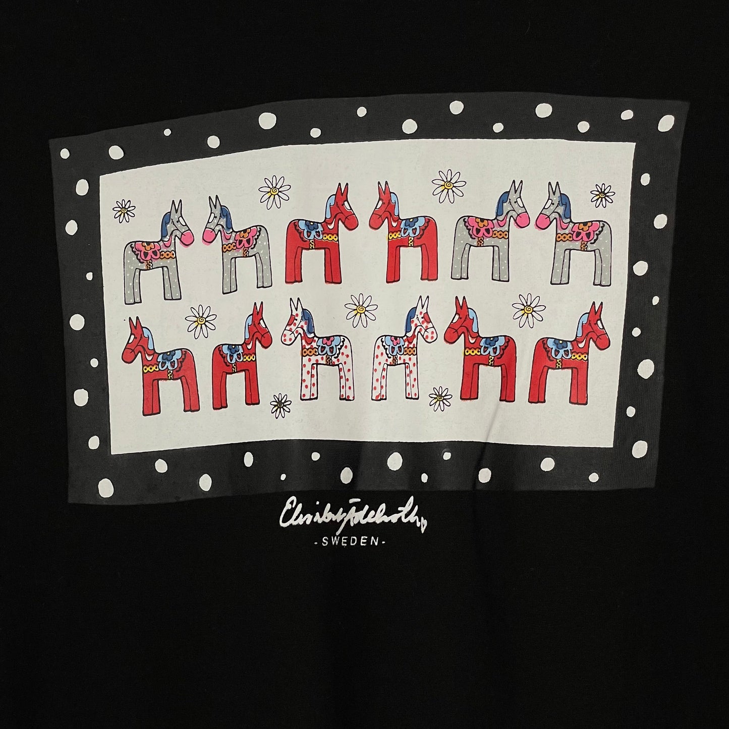 Large Vintage Sweden Dala Horse Black Panelled TShirt Unisex
