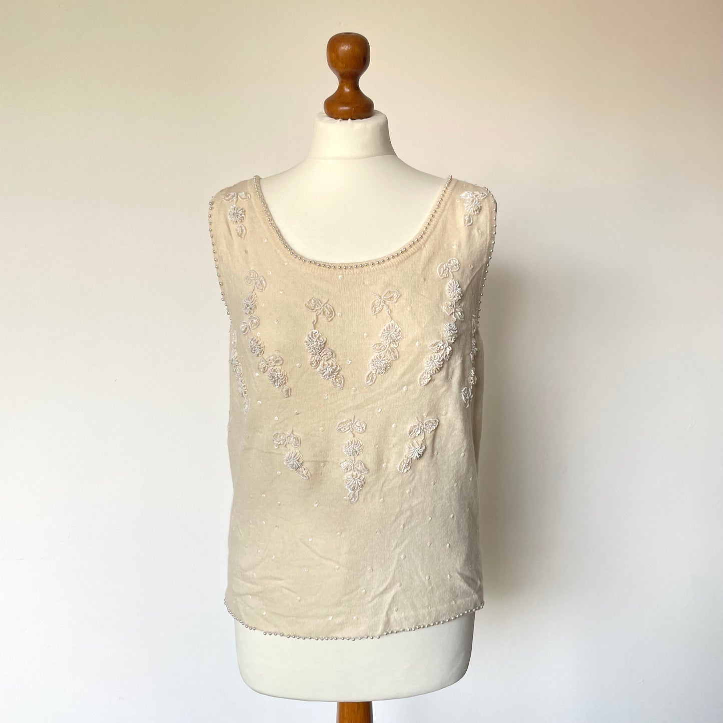 Vintage Cream Knitted Tank Top with Beaded Detailing. Especially Made for Fermus.