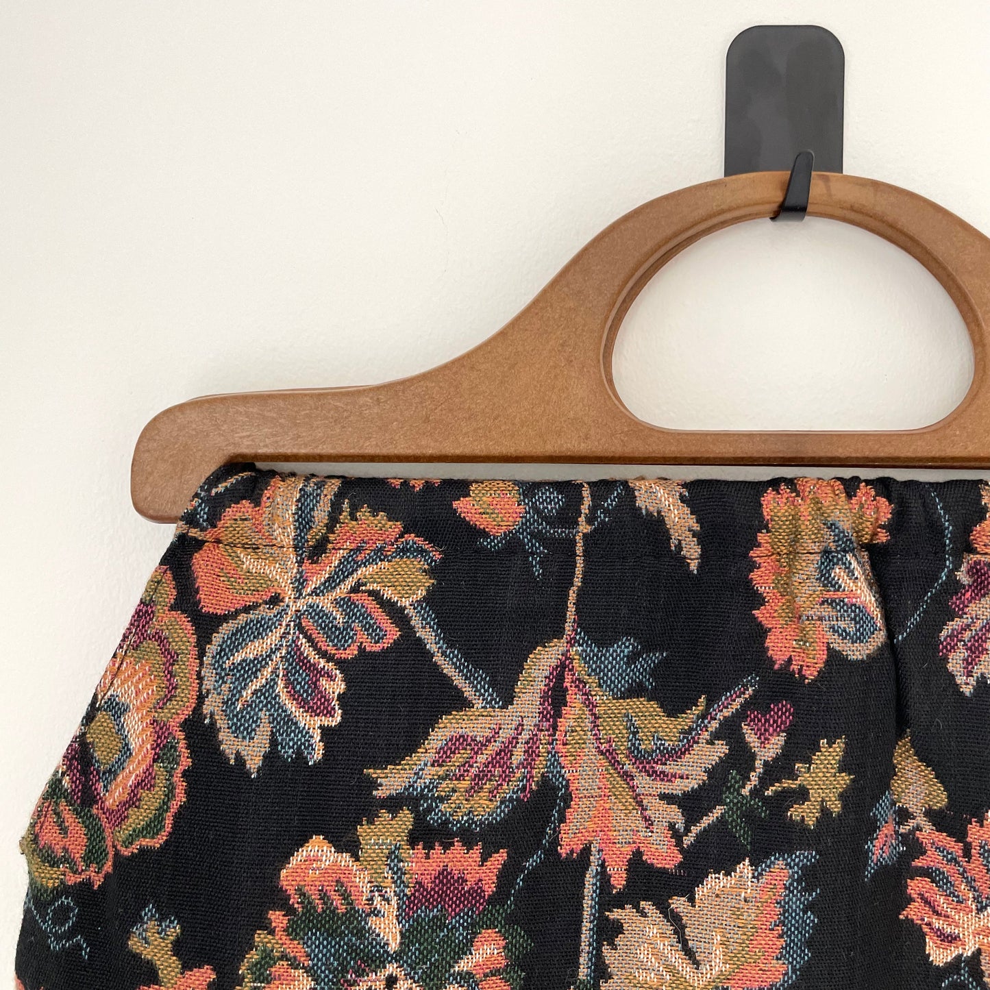 Black Patterned Handmade Tapestry with Plastic Handles Vintage Bag