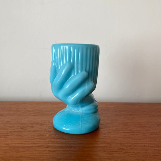 Vintage 1920s French Blue Milk Glass Hand Holding Goblet Cafe Cocktail Stick Holder