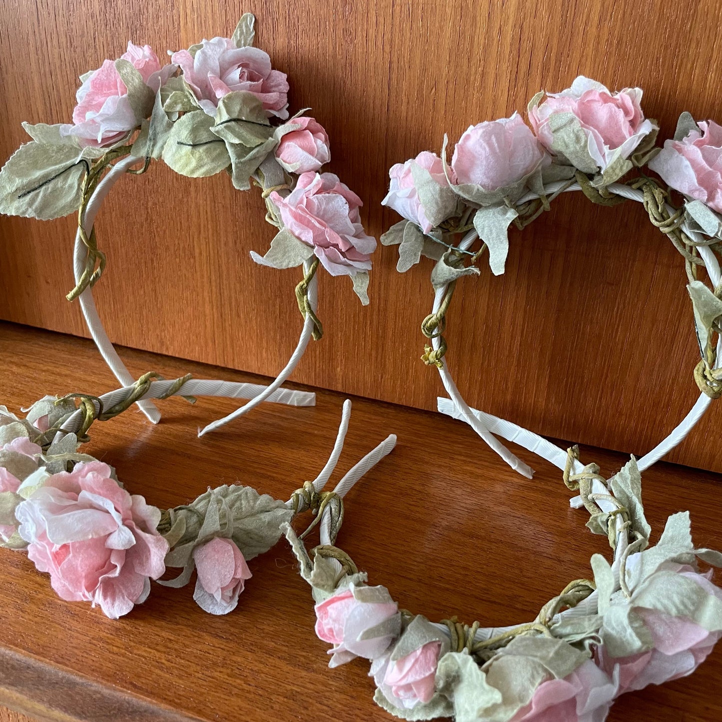 Four Vintage Pink Rose Bridesmaids Headbands Headpieces. Wired Faux Pink Roses with Green Foliage.