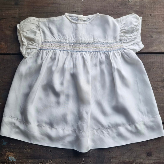 Vintage White Baby Dress with Pastel Smock and Puff Sleeves