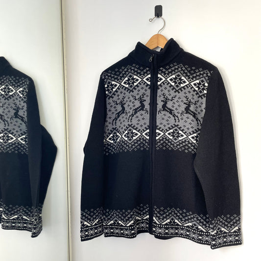 Vintage Black and Grey Knitted Reindeer Christmas Fleece Zip Up