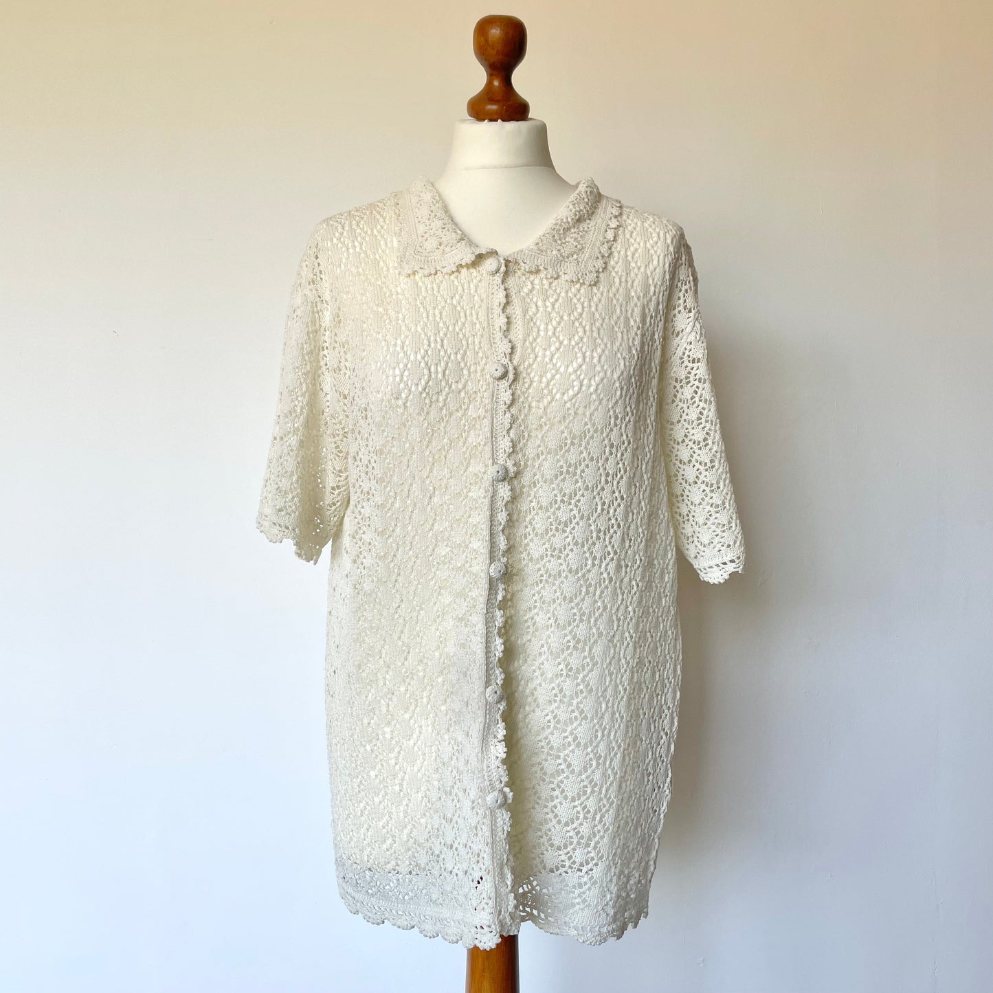 Vintage Hand Crocheted Cream Summer Short Sleeve Cardigan with Collar.