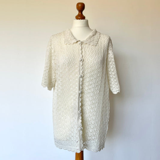Vintage Hand Crocheted Cream Summer Cardigan with Collar