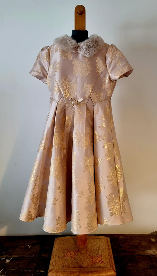 Flower Girl Vintage Children's Pink Brocade Dress with Fur Collar