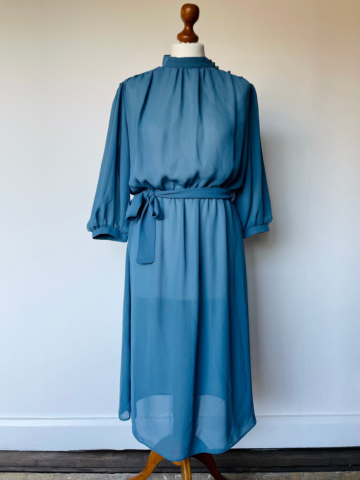 Vintage Richard Shops Blue High Neck Sheer Belted Long Sleeve Dress. Made in the UK