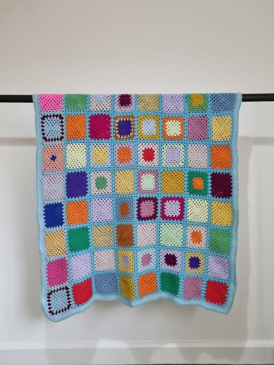 Blue Crochet Blanket with Colourful Squares 