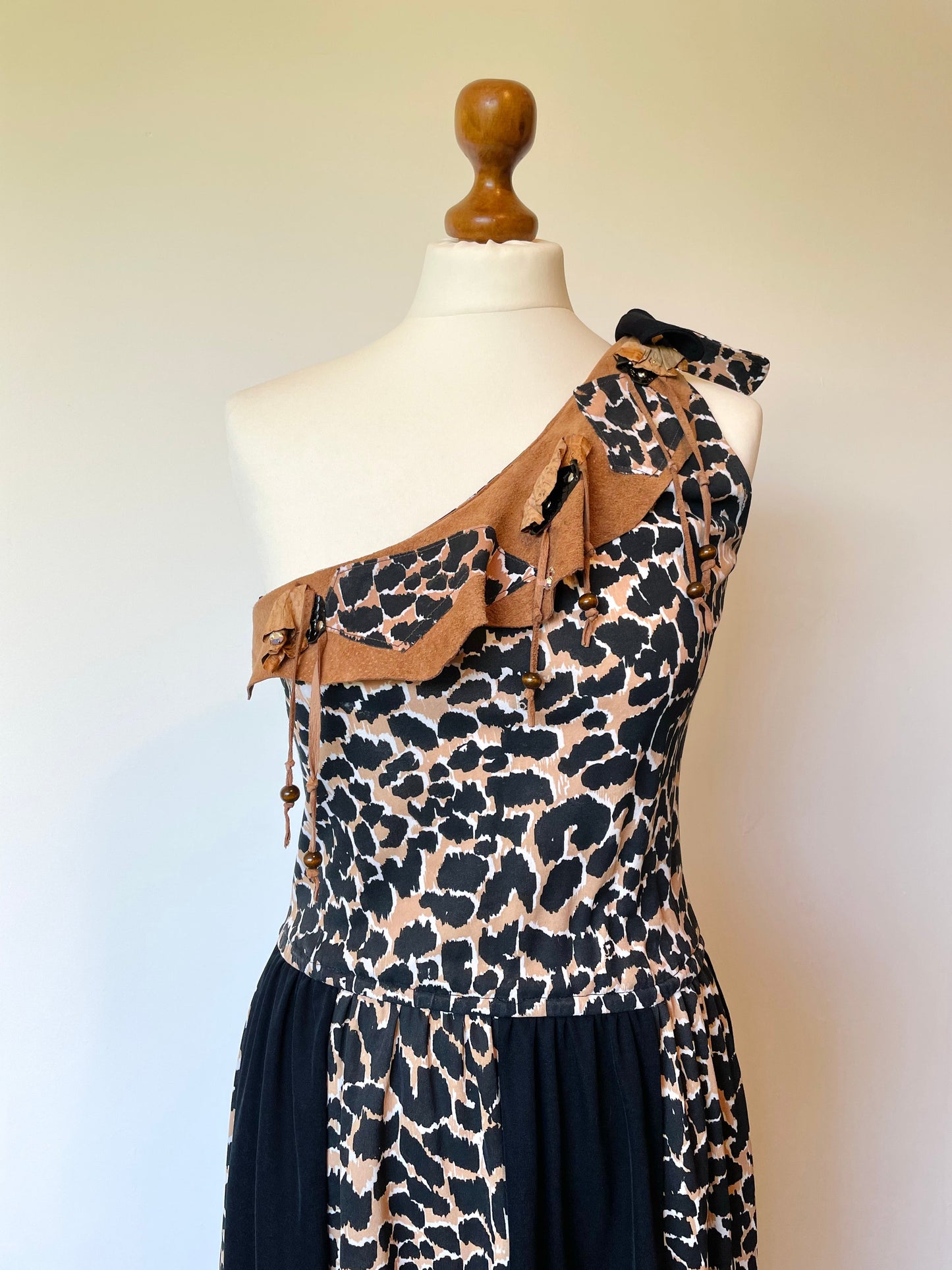 Vintage Ibiza London New York Leopard Print Leather One Shoulder Tribal Sleeveless Dress