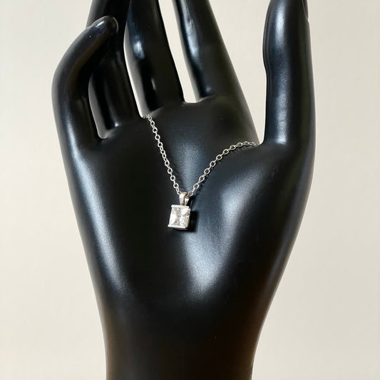 Necklace Vintage Square Cubic Zirconia Silver Tone Drop Pendant