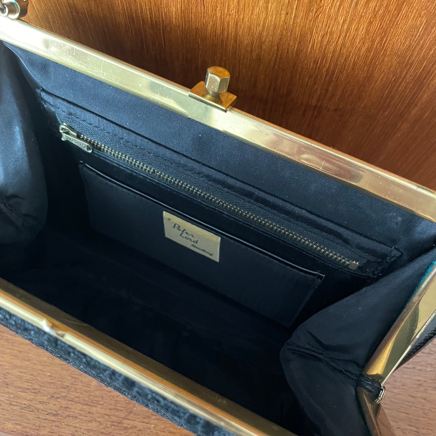 A Peter Lord Black Leather Kelly Woven Tapestry Detail Handbag. Vintage |