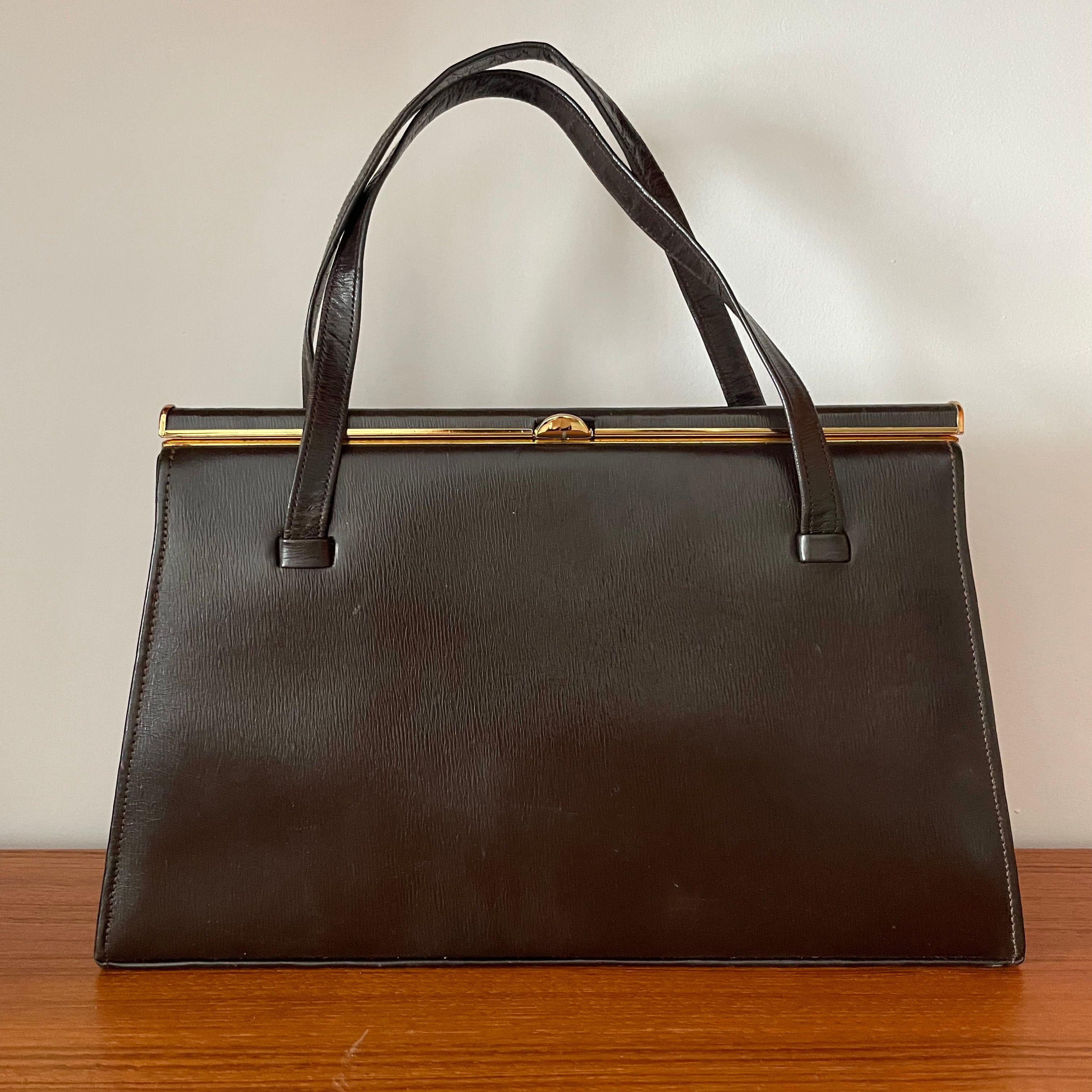 Vintage Linslade London Brown Structured Top Handle Handbag. Made in E Vintage Appreciation Society