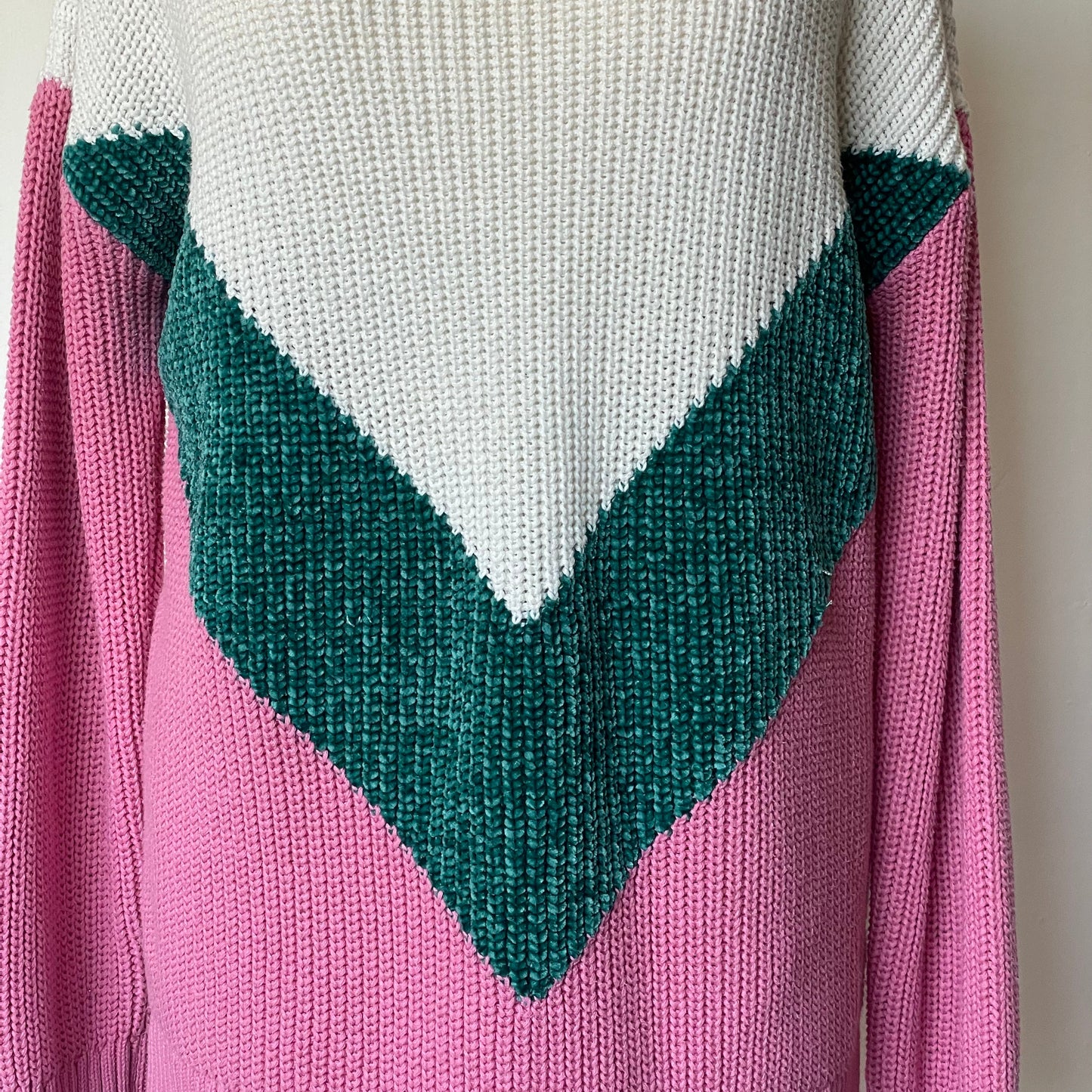 Preloved Pink, Green and White Noisy May Knitted Jumper Large