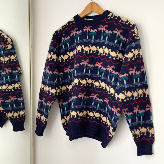 Vintage Ewenique Knitwear Designed by Jane Robertson Handmade Wool Camel Patterned Intarsia Jumper