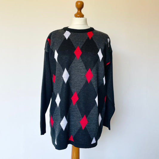 Vintage Classics by Snatch Knitted Harlequin Jumper in Red and Grey