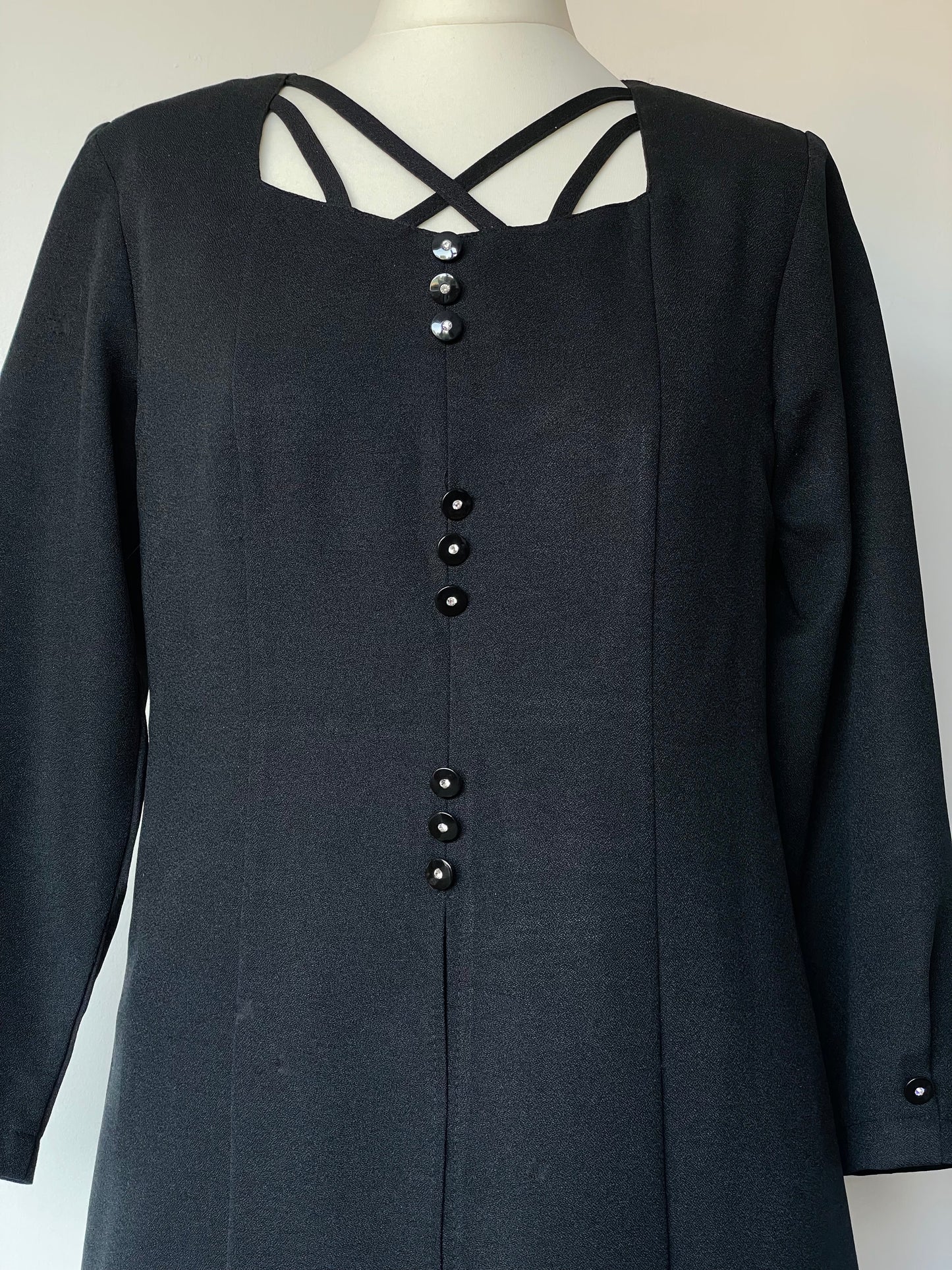 Vintage Little Black Long Sleeve Dress with Crossover Strap Detail and Diamante Buttons