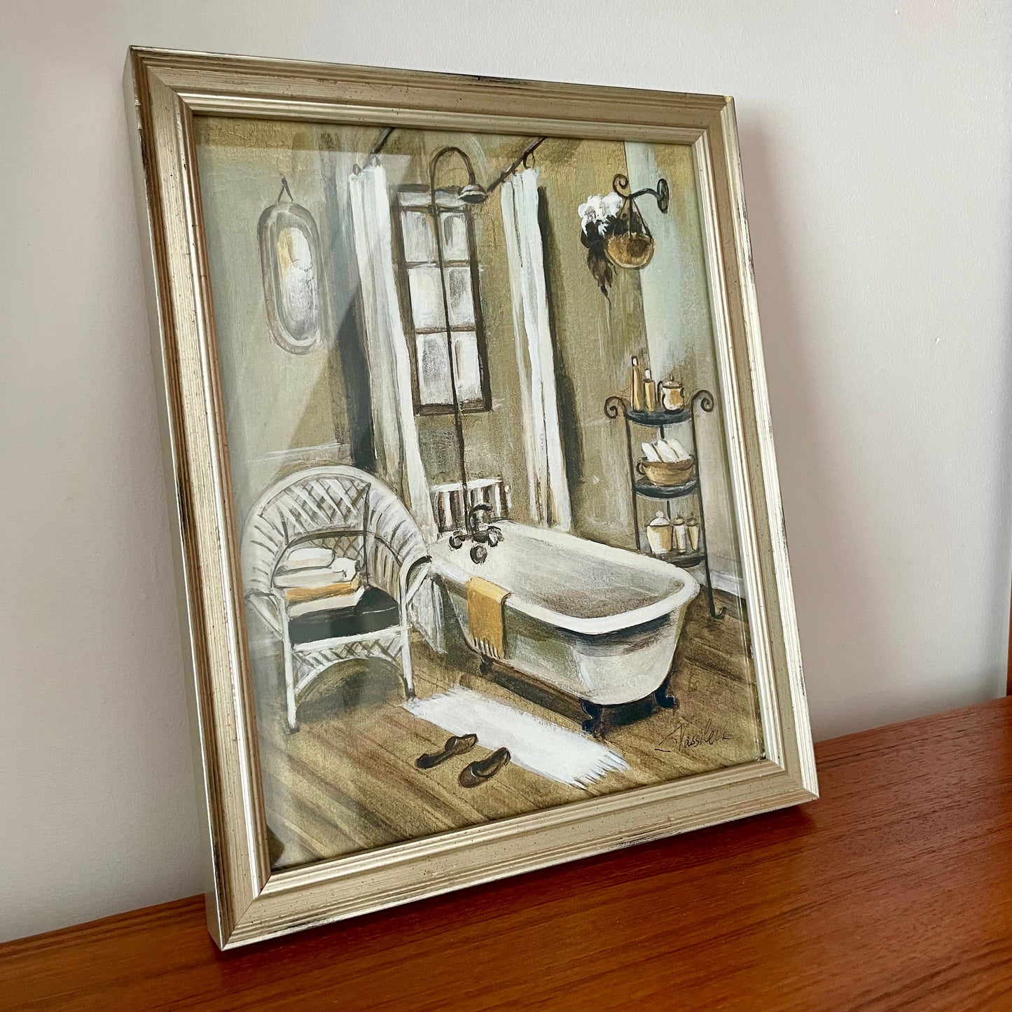 Vintage French Bathroom Scene Artwork Print in Frame