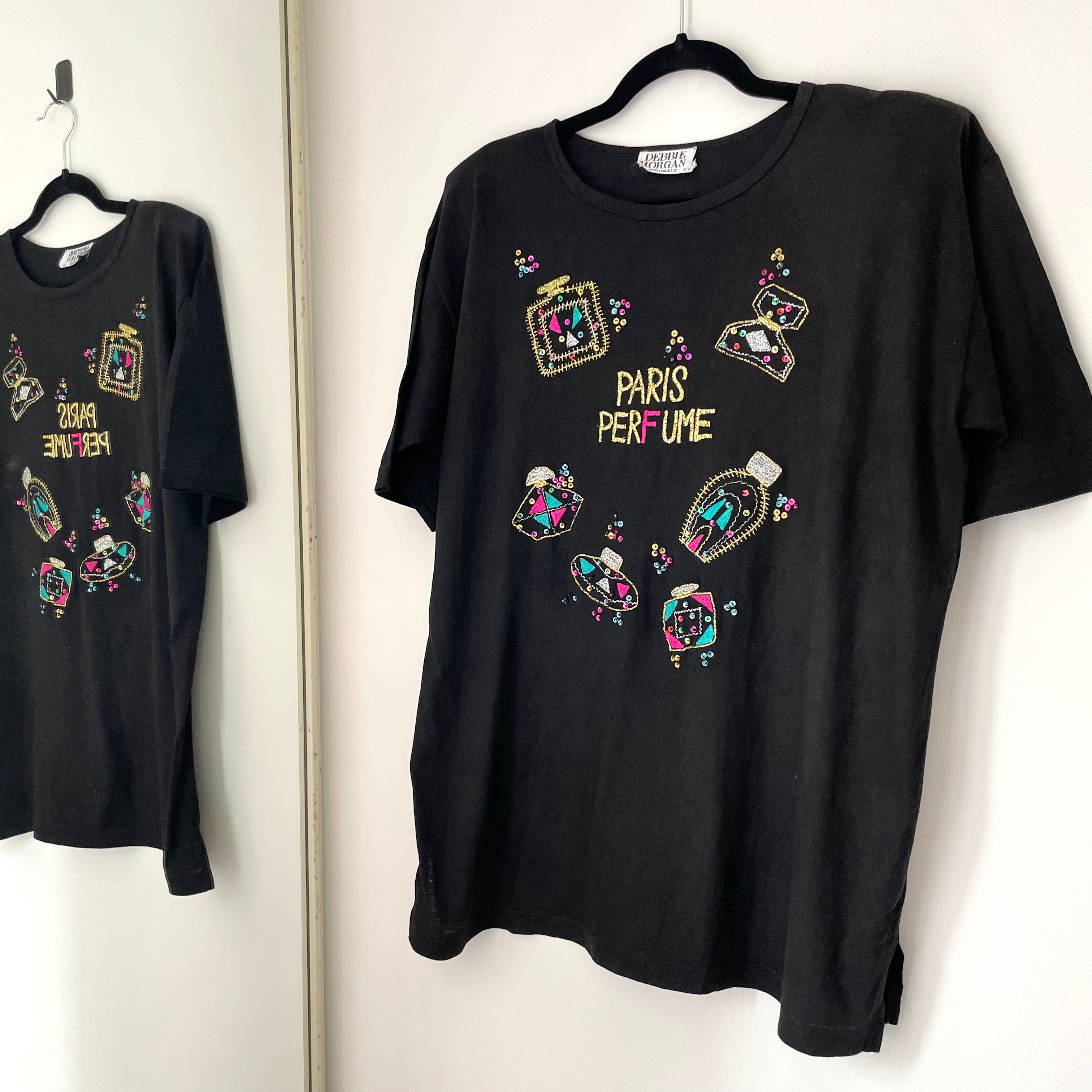 Medium Vintage Debbie Morgan Originals Black Paris Perfume Embroidered Beaded Sequin 90s T Shirt