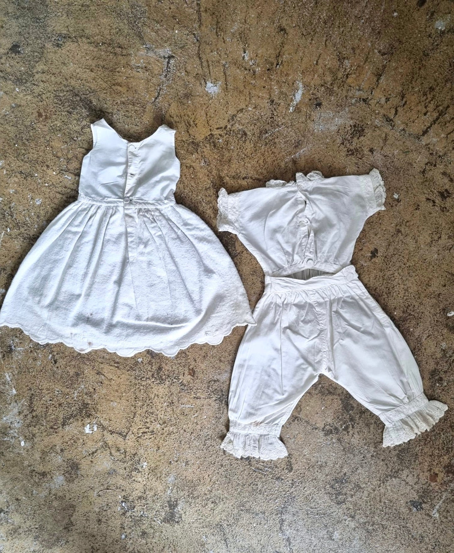 Vintage Antique Girl and Boy Twin Set in White Cotton Dress and Jumpsuit