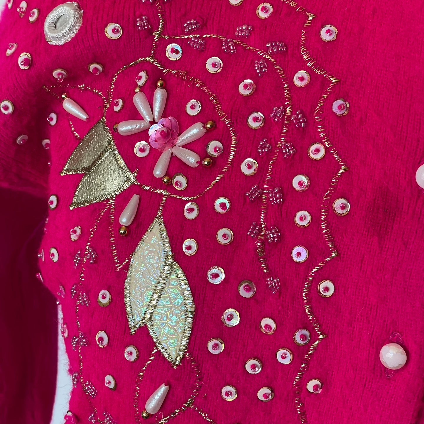 Vintage Hot Pink Naval Mod Fashion Beaded Cardigan Size 38