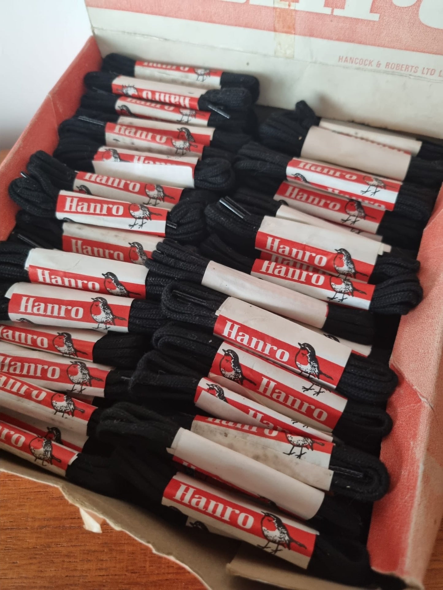 Vintage Hanro Black Shoe Laces (x 97 Pairs) Job Lot in Original Box. Hancock and Roberts, Leicester