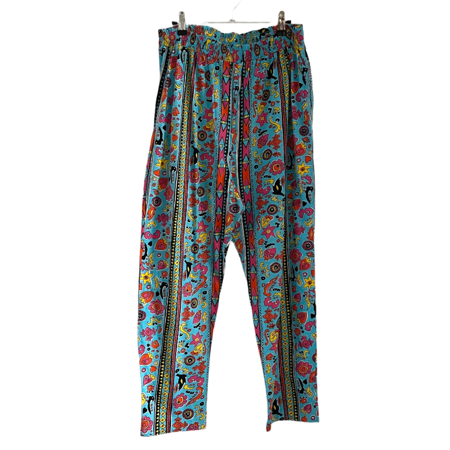 Vintage 90s Blue Multicoloured Heart Pattern Straight Leg Elasticated Trousers
