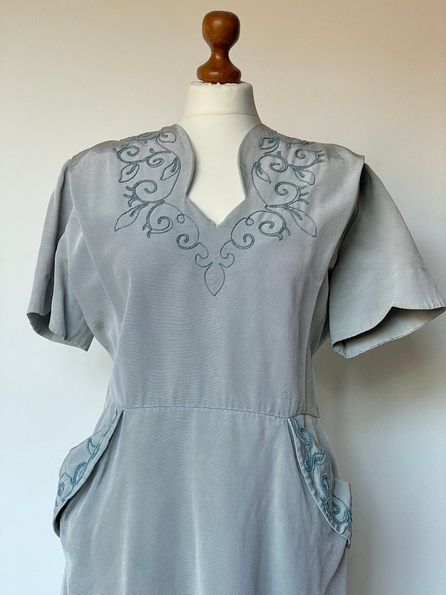 Vintage Handmade Pastel Blue Beaded Short Sleeve Evening Dress