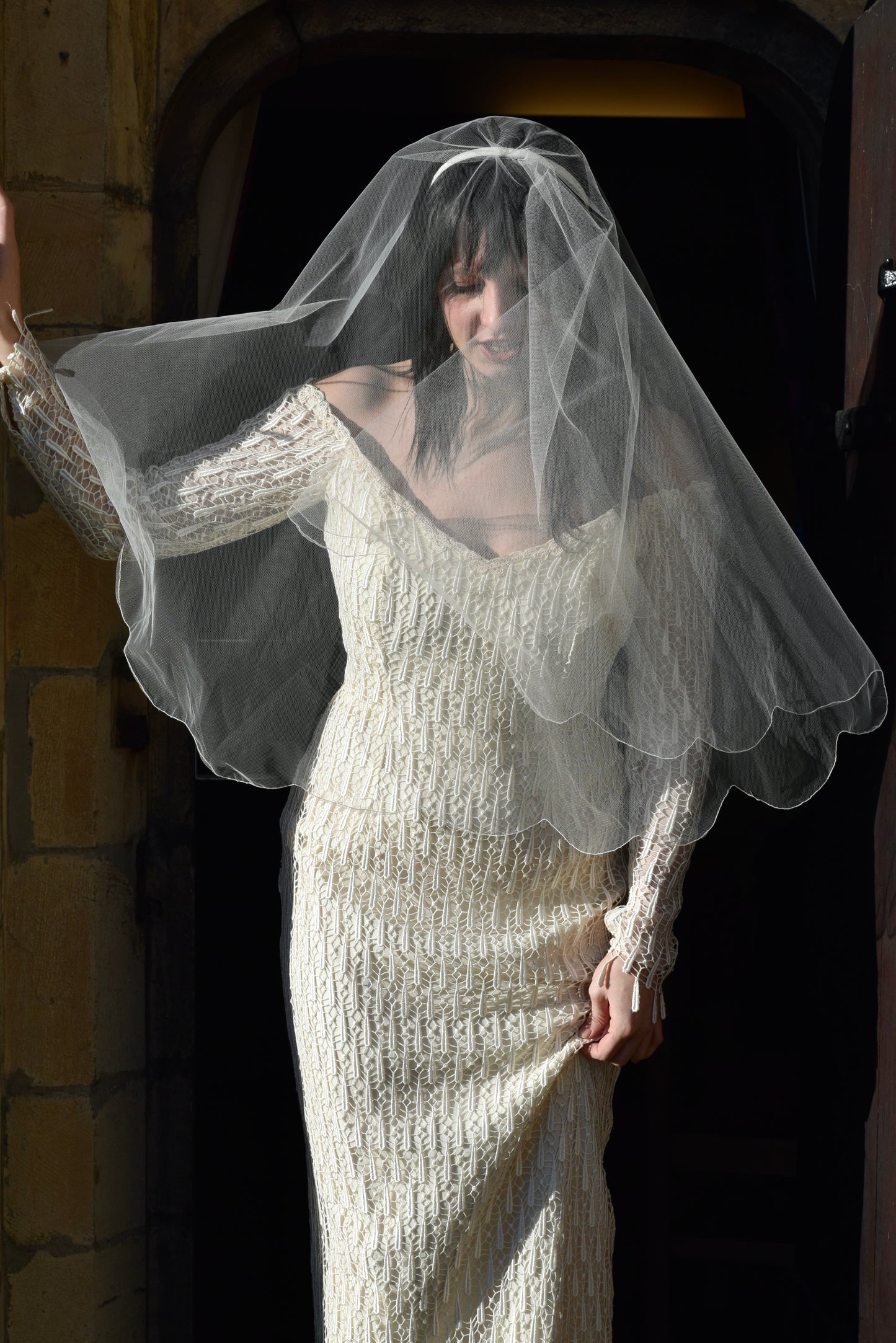 The Hilda Wedding Dress. Vintage Helen Marina Cream Lace Textured Wiggle Off Shoulder Bridal Dress