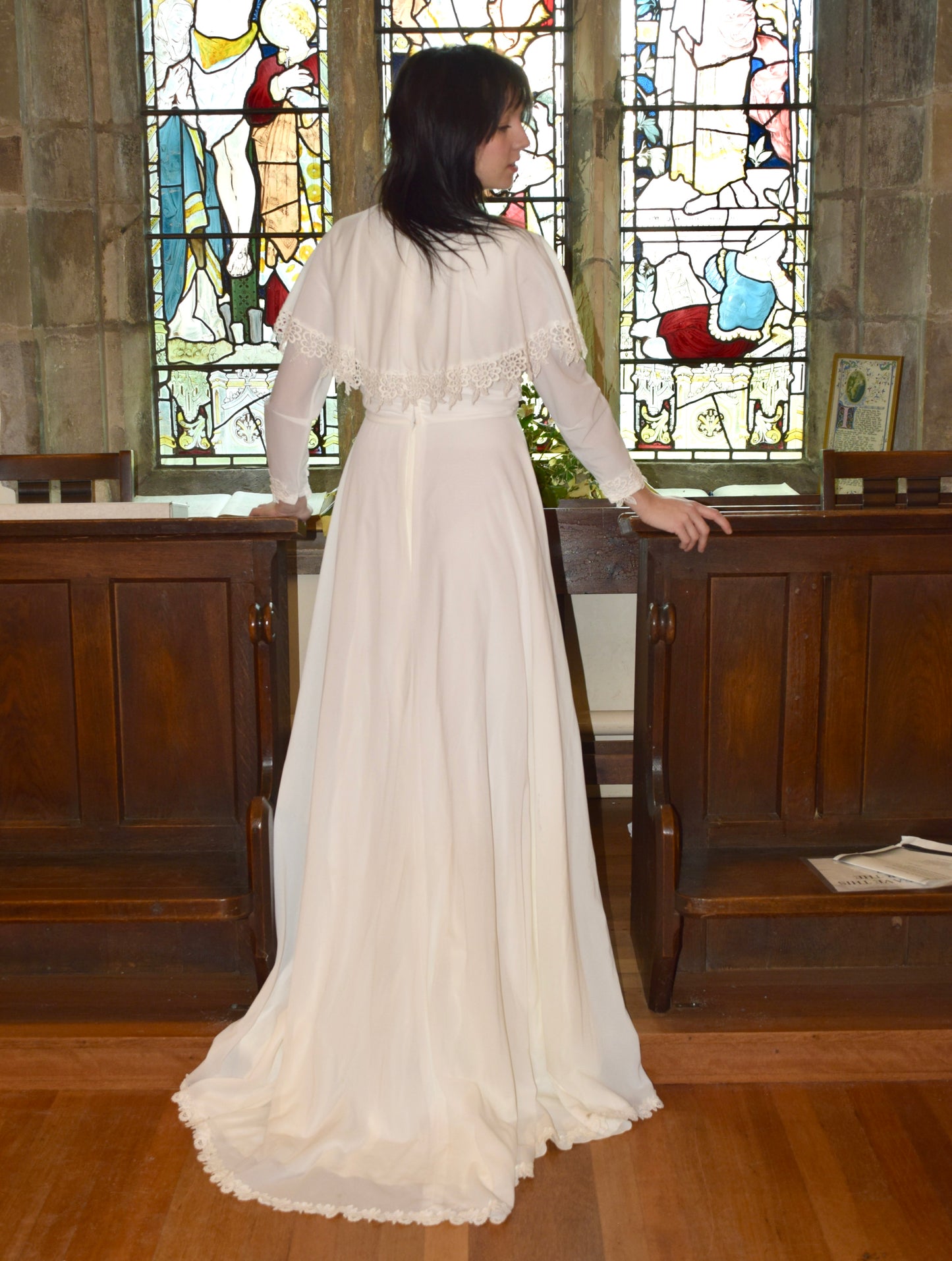 The Heather Wedding Dress. Vintage White Longsleeve Cape Bridal Dress with Waterfall Hem, Sweep Train and Floral Details