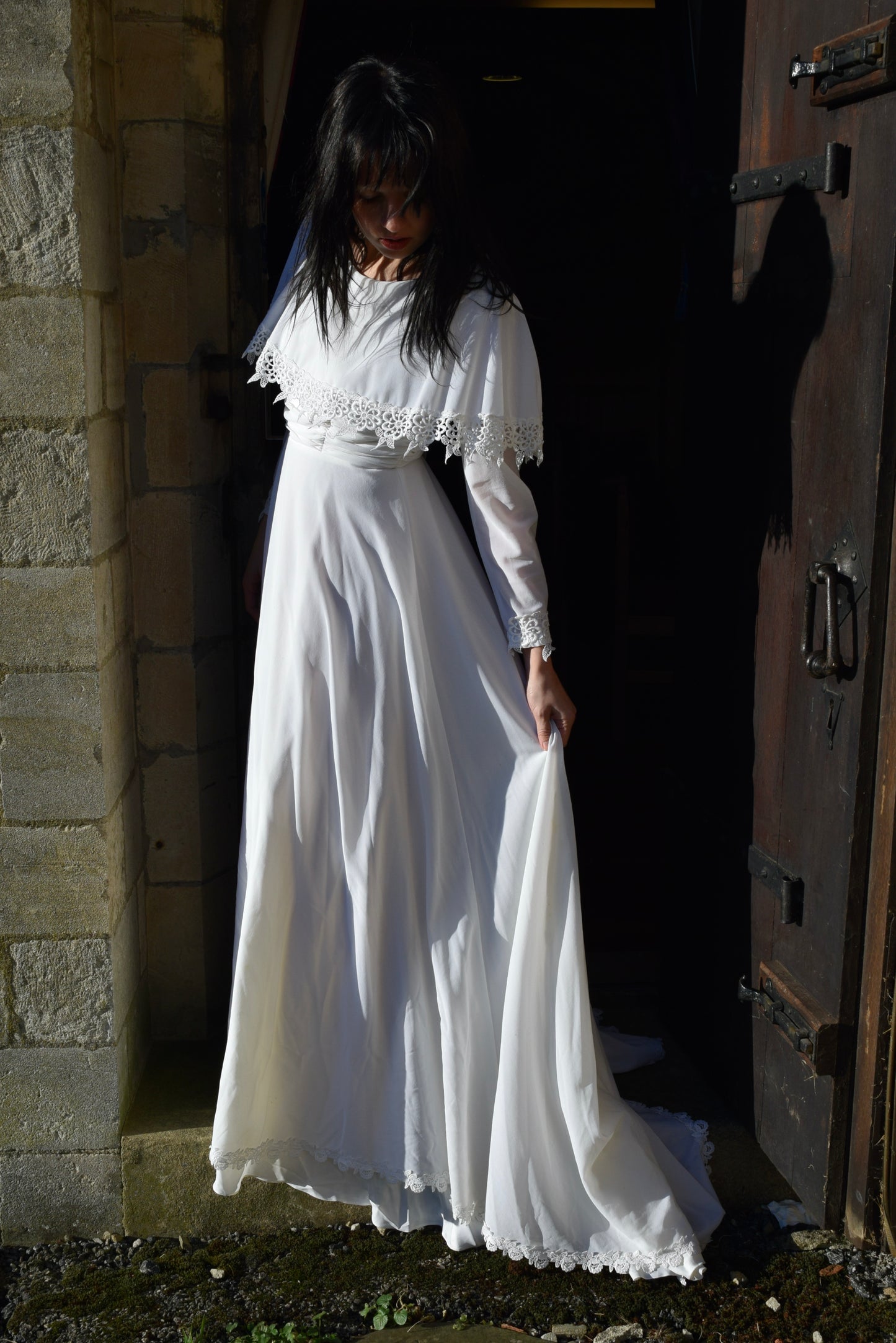 The Heather Wedding Dress. Vintage White Longsleeve Cape Bridal Dress with Waterfall Hem, Sweep Train and Floral Details