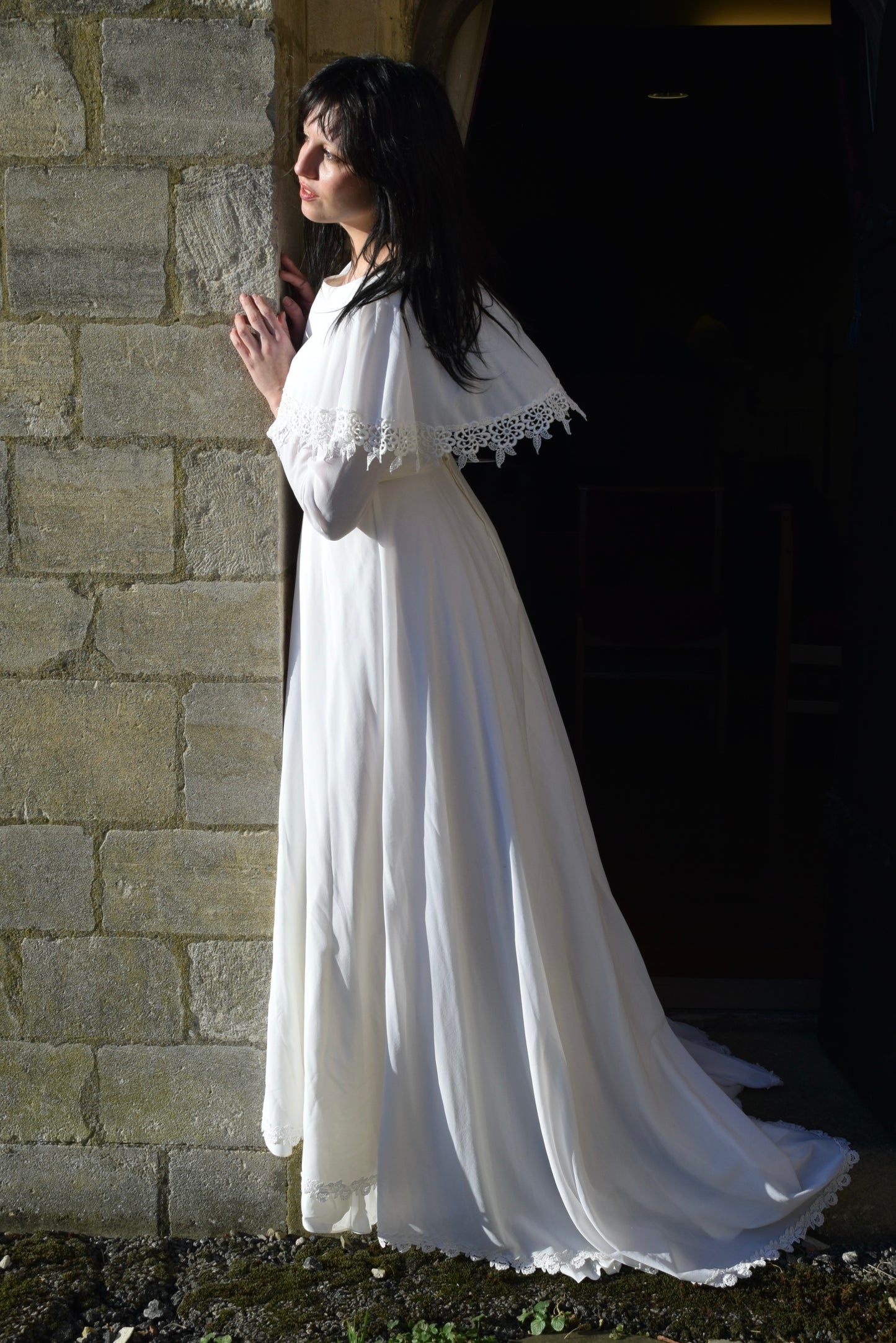 The Heather Wedding Dress. Vintage White Longsleeve Cape Bridal Dress with Waterfall Hem, Sweep Train and Floral Details