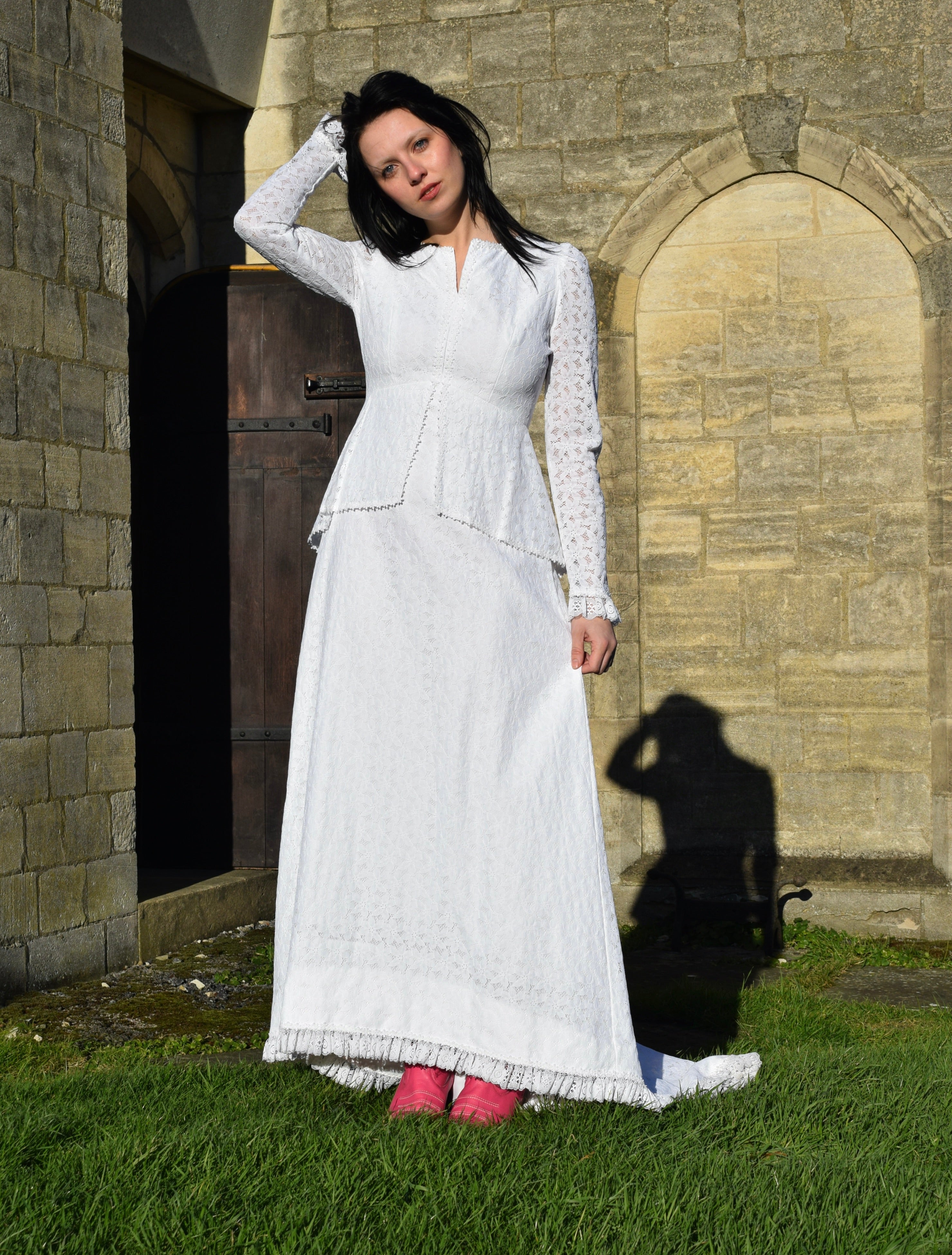 The Beatrice Wedding Dress. Vintage Peplum White Lace Long Sleeve