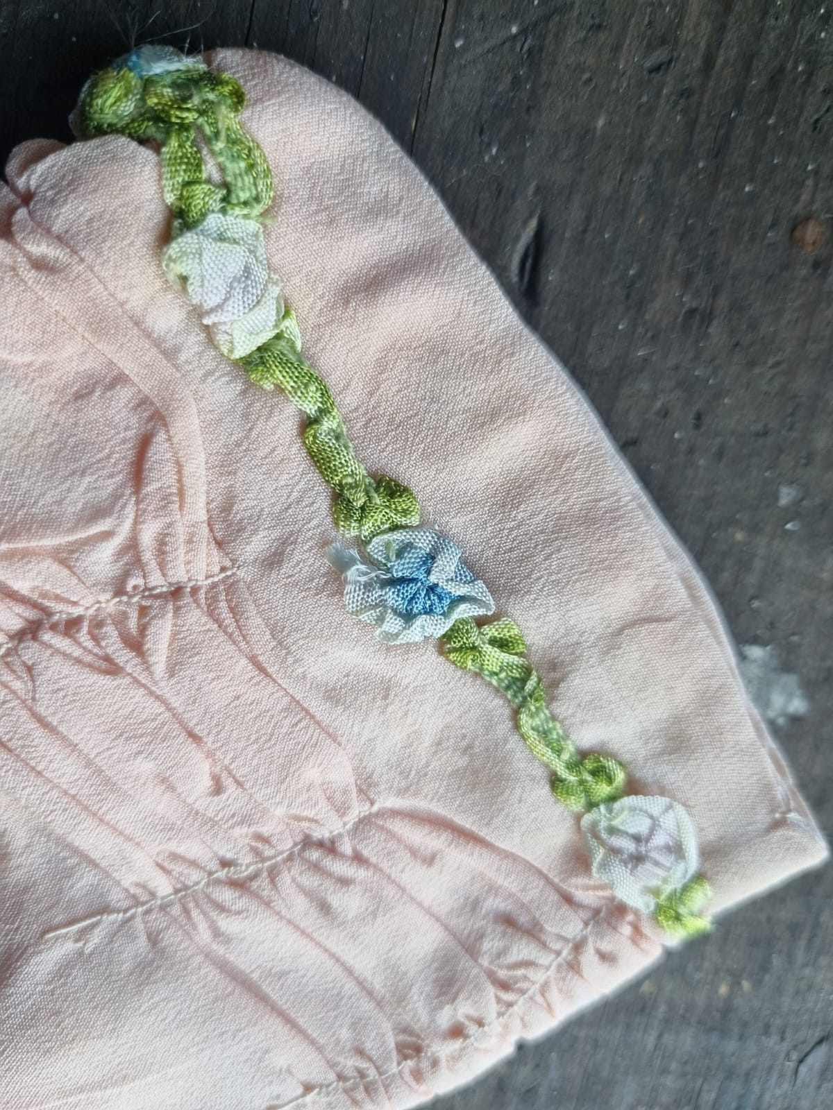 Vintage Antique Baby Pink Bonnet with Ruched Floral Detail