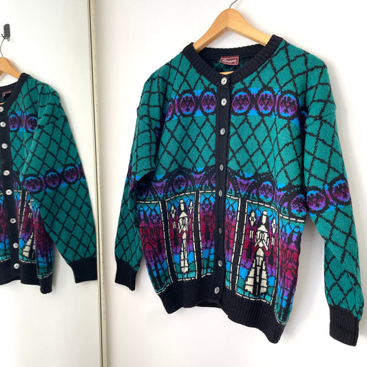 Vintage Concept Knitwear Ecclesiastical Church Stain Glass Window Green, Blue and Purple Wool Cardigan.