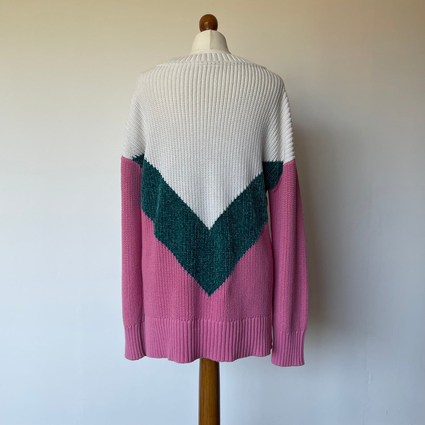 Preloved Pink, Green and White Noisy May Knitted Jumper Large