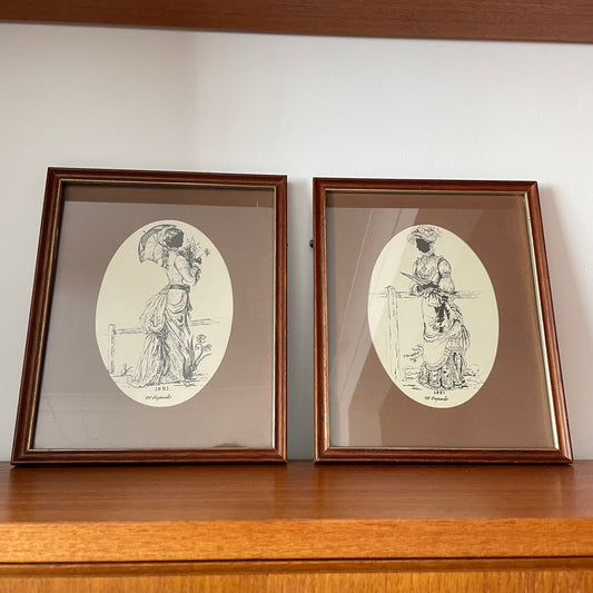 Antique Victorian Fashion Dresses Vignette Artworks Set of Two
