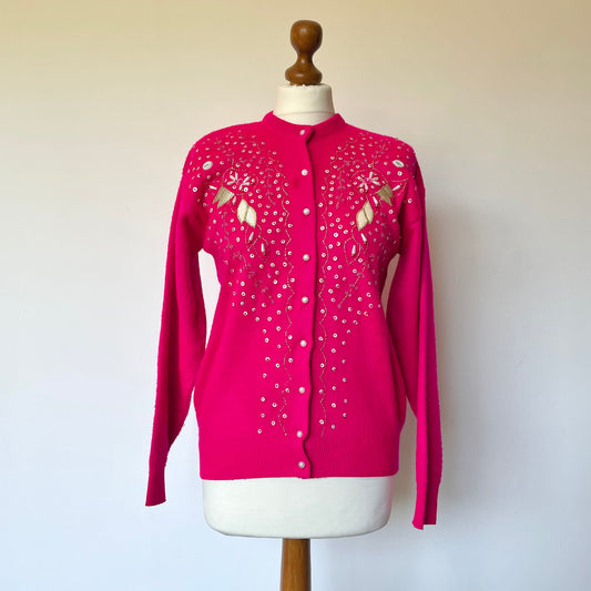 Vintage Hot Pink Naval Mod Fashion Beaded Cardigan Size 38