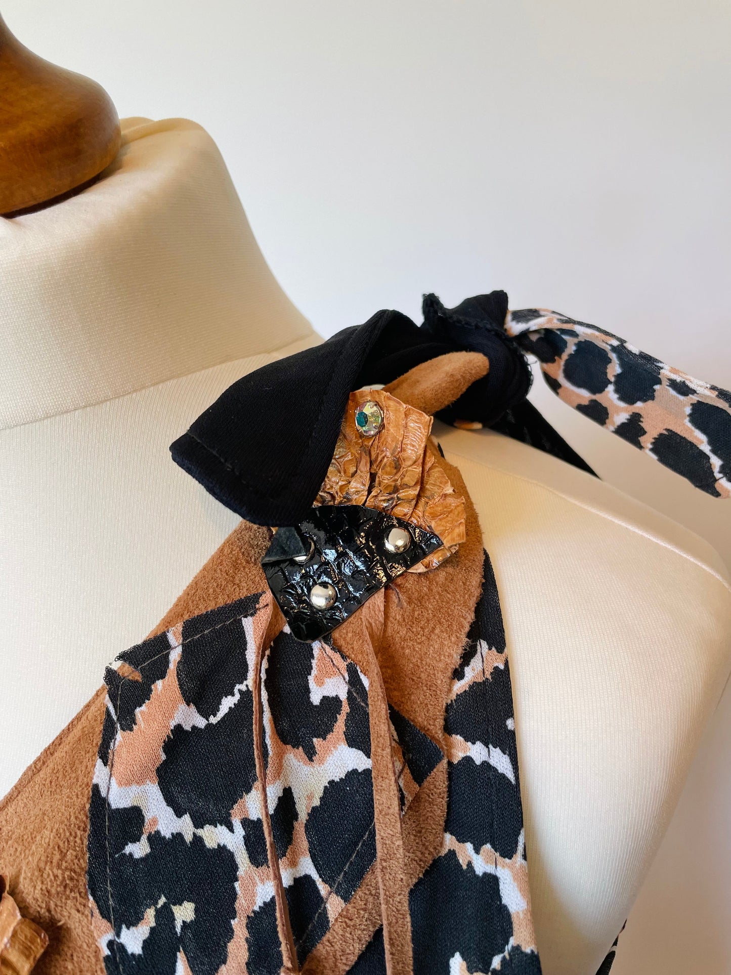 Vintage Ibiza London New York Leopard Print Leather One Shoulder Tribal Sleeveless Dress