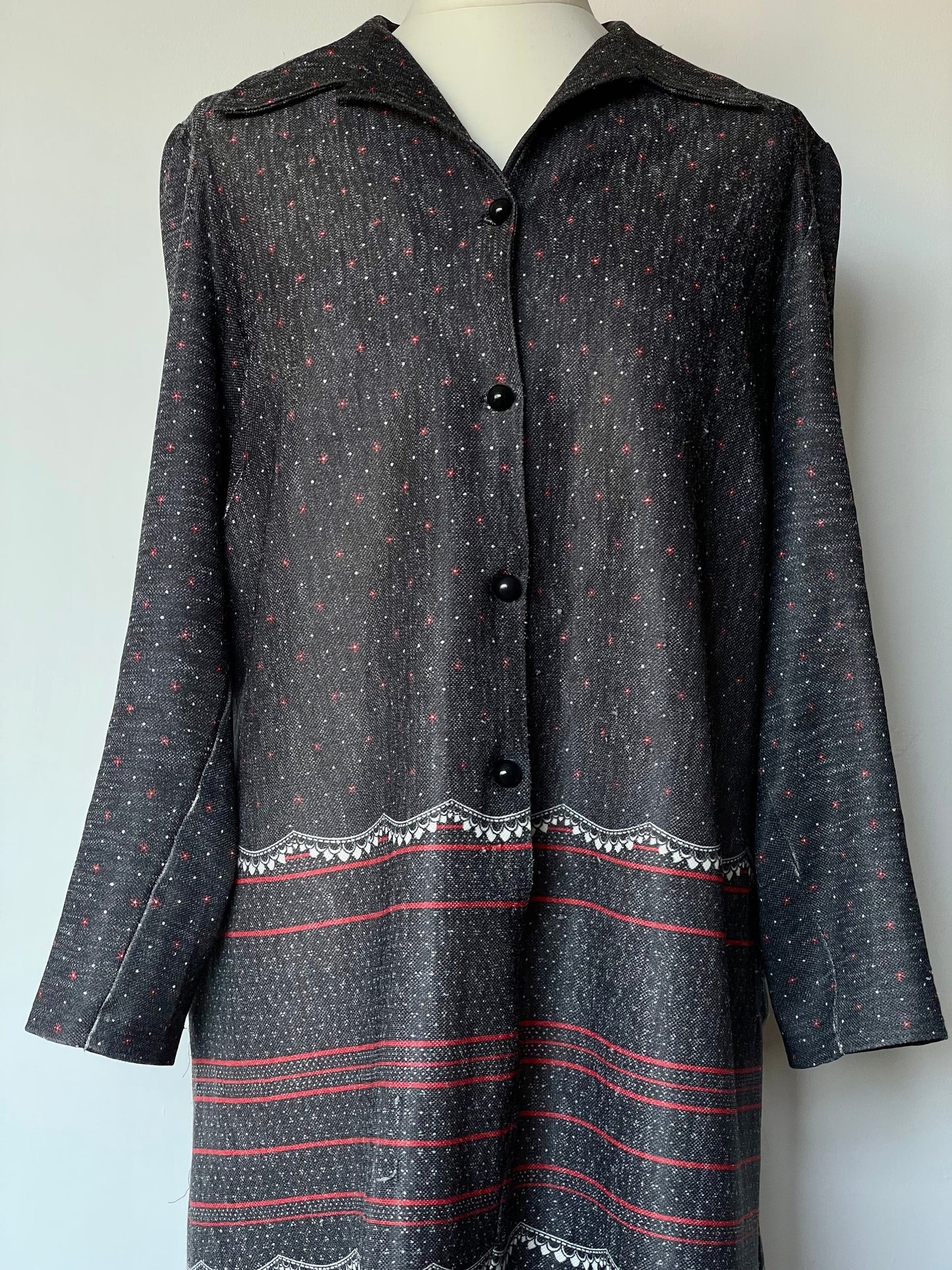 Vintage Grey and Red Patterned Button Up Long Sleeve Dress